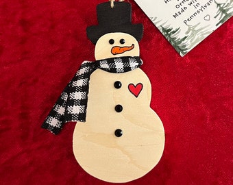 Hand-crafted wooden snowman ornament. Please see description for more information.