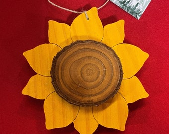 Hand-crafted wooden sunflower ornament. Please see description for more information.