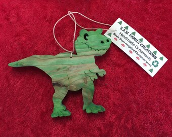 Hand-crafted wooden tRex t-Rex dinosaur ornament. Please see description for more information.