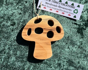 Hand-crafted wooden mushroom ornament. Please see description for more information.