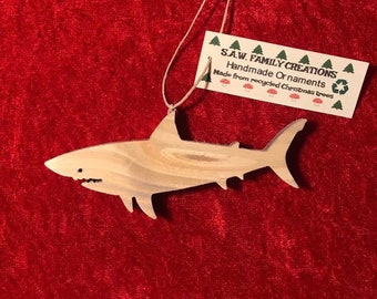 Hand-crafted wooden shark ornament. Please see description for more information.