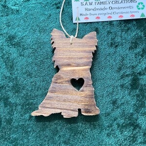 Hand-crafted wooden Yorkie dog ornament. Please see description for more information.