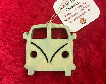 Hand-crafted wooden VW bus ornament. Please see description for more information.