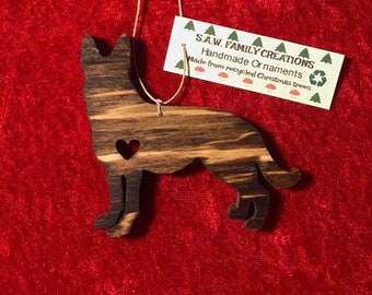 Hand-crafted wooden German shepherd dog ornament. Please see description for more information.