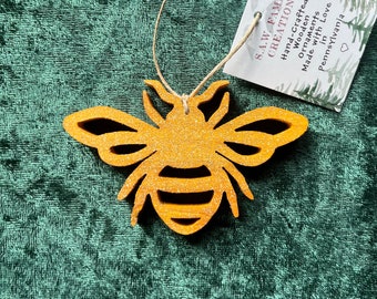 Hand-crafted wooden bee ornament. Please see description for more information.