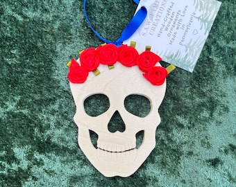 Hand-crafted wooden Skull with satin ribbon roses Bertha ornament. Please see description for more information.