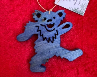 Hand-crafted wooden blue bear ornament. Please see description for more information.