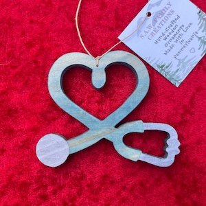 Hand-crafted wooden medical stethoscope ornament. Please see description for more information.
