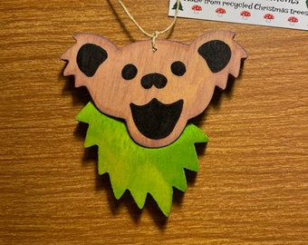 Handmade wooden ornament made from a recycled Christmas tree! (Purple Bear)