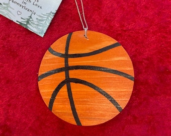 Hand-crafted wooden basketball ornament. Please see description for more information.