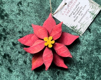 Hand-crafted wooden Poinsettia flower ornament. Please see description for more information.