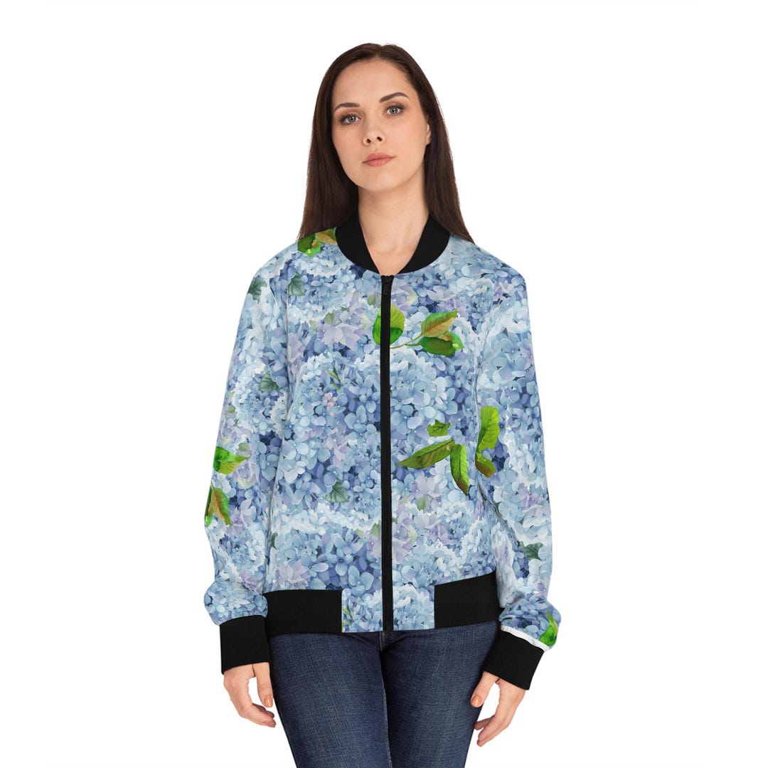 Hydrangea Patterned Jacket Women Bomber Jacket Light Blue Hydrangea , Feminine Style, Comfortable ...
