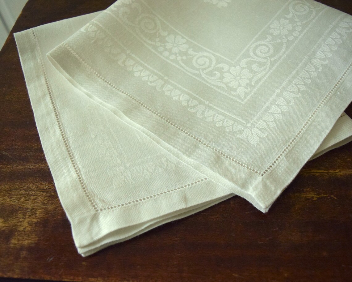 2 large vintage damask napkins Antique linen napkin cutwork Etsy