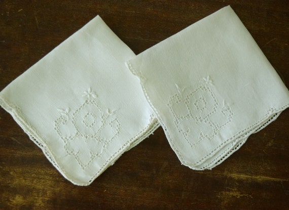 Vintage Cut Work Handkerchiefs Vintage Linens Pair of White