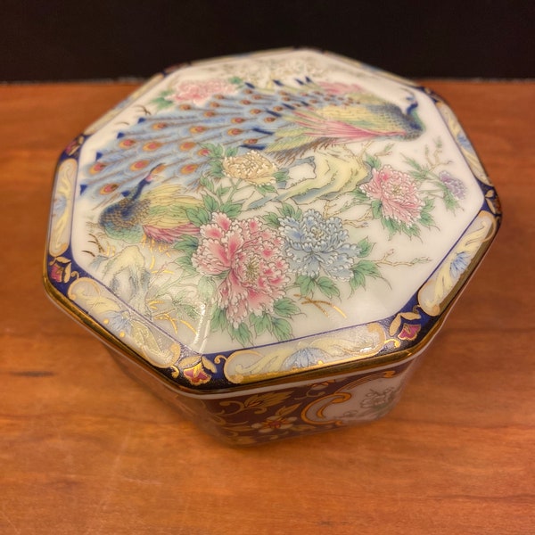 Asahi Peacock and Lotus Flowers Lidded Trinket Jewelry Box Japan Chinoiserie Decor