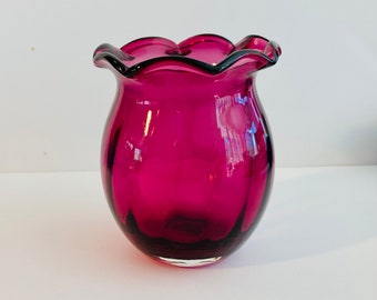 Antique Cranberry Glass Vase Dot Optic Glassware Crimped Edge Art Glass Ruffle Edge Victorian Inverted Thumbprint