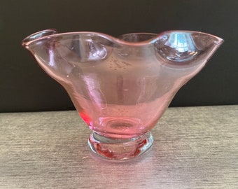 Handblown Cranberry Glass Fluted Glass Bowl, Candy Dish with clear glass base. Mother’s Day