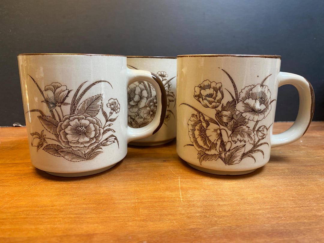 Korean Brown Speckled Stoneware Floral Mugs Set of 3 Etsy