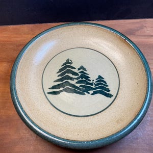 Puede incluir: Un plato redondo de cerámica con centro beige y borde turquesa. El centro presenta un diseño circular con una ilustración verde oscuro de tres pinos. El plato es adecuado para servir alimentos.