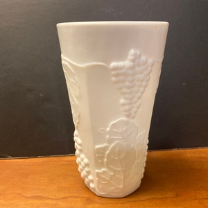 Vintage Milk Glass Grapes and Leaves 6” vase