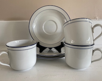 vintage Seltman Weider Bavaria W. Allemagne Tasses à thé et soucoupes White et Cobalt Stripe Set de 3