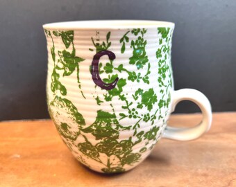 Anthropologie Homegrown Floral Mug: Monogram C, Kelly Green, Black Bird Stamp