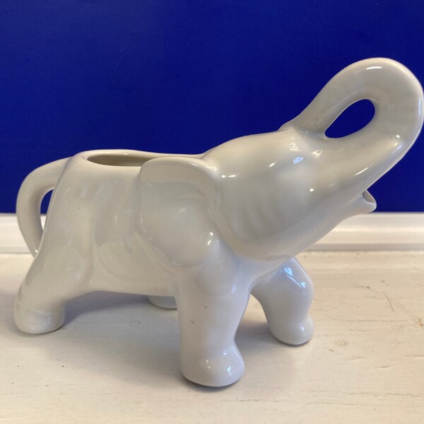 Vintage White Ceramic Elephant Planter Trunks up for Good Luck