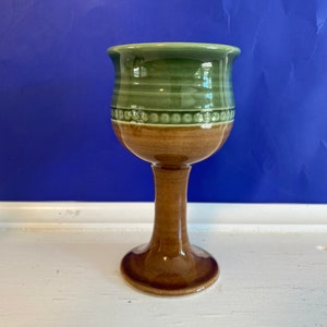 Bendigo Pottery Australia Stamped Wine Glass Kiddish Cup. Green and brown. Earthy decor