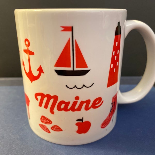 Vintage Maine Tourist Mug 14oz Moose, Lighthouse, Lobster, Pine Trees