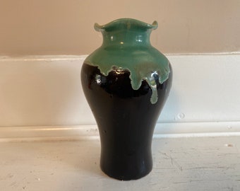 Handmade Pottery Vase 6.5” Teal and Black Glaze with Ruffled Rim.