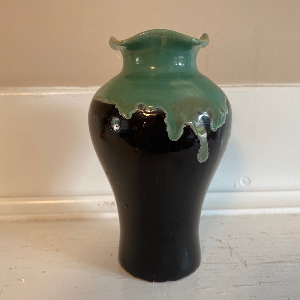 Handmade Pottery Vase 6.5” Teal and Black Glaze with Ruffled Rim.