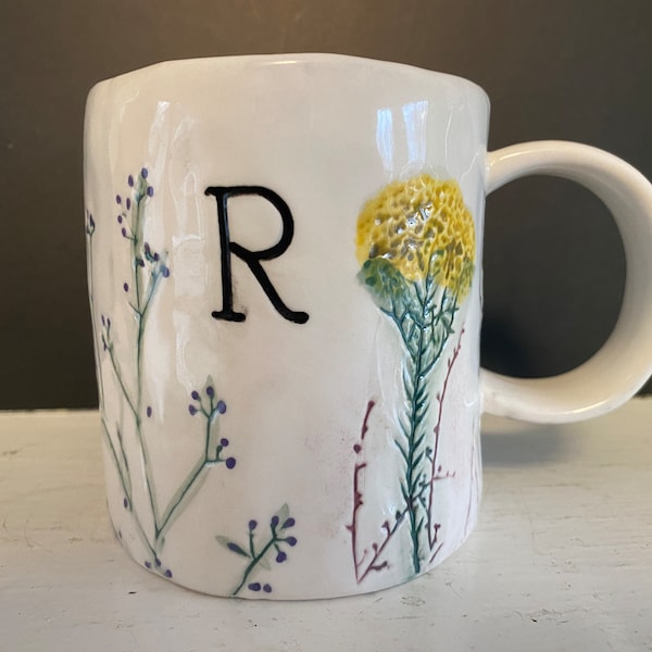 Anthropologie Dagny Monogram R Hand Painted Herbal Coffee Tea Mug 14oz