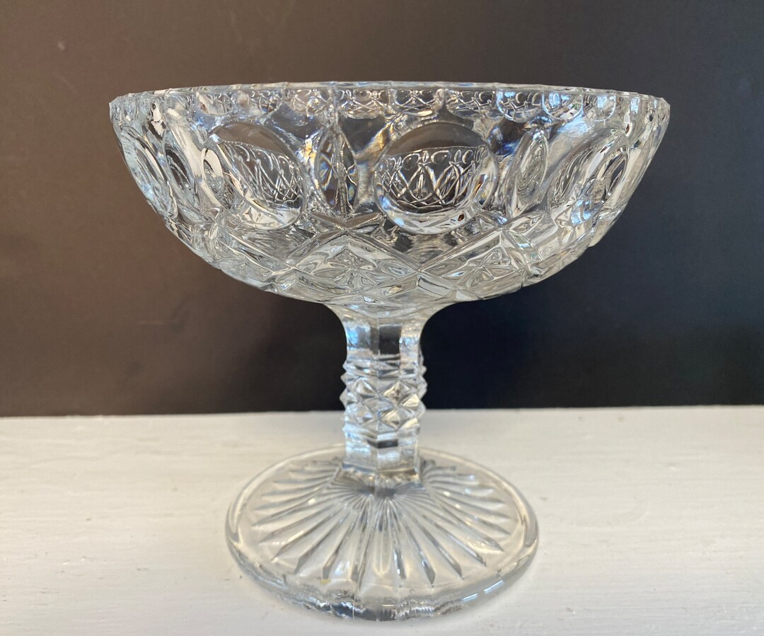 Vintage Clear Glass Compote Footed Candy Dish. 5.5 Criss Cross With Dimples Design 5.5 Grand