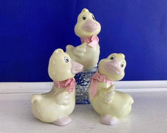 Vintage Ceramic Ducklings with Ribbon Bows Set of 3 Made in Taiwan.