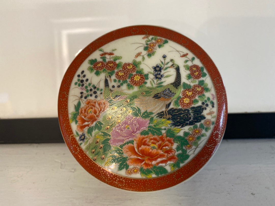 Satsuma Porcelain Trinket Box With Lid Peacock, Berries and Floral 4 Made in Japan Chinoiserie
