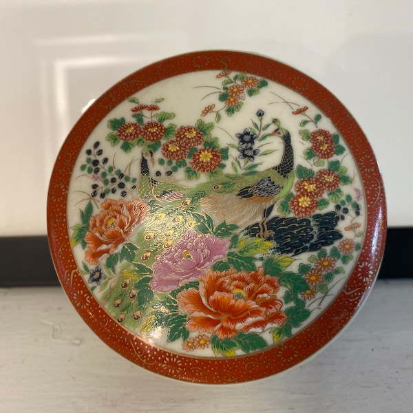 Satsuma Porcelain Trinket Box with Lid Peacock, Berries and Floral 4” Made in Japan Chinoiserie