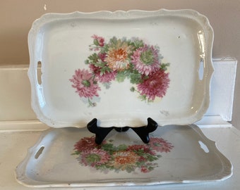 Antique Pair Porcelain Dressing Table Trays Handpainted Chrysanthemums