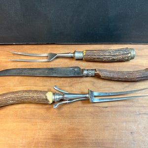 Set di 3 intagli in corno di cervo con finitura argento e acciaio inossidabile