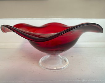 Ruby Red with Clear Glass Base Compote Pedestal Bowl for Fruit, Nuts Decoration.