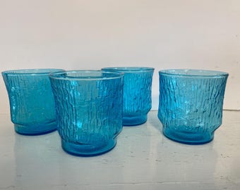 Anchor Hocking Pagoda Laser Blue On the Rocks Glasses Set of Four, Vintage Barware, Cocktail Glasses, Mid Century Modern Blue Glass