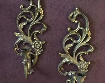 Syroco Candle Sconces, Wall Art, Gold Floral Plaques, Mid Century Wall Decor