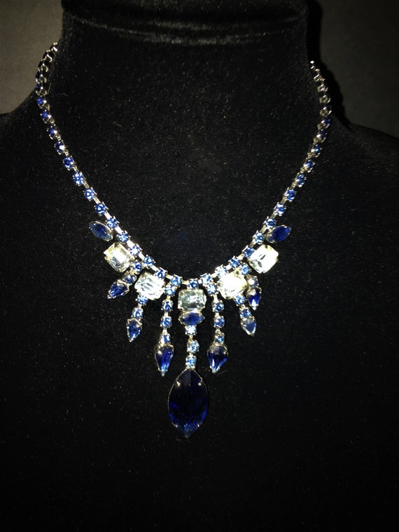 Blue Rhinestone Drop Necklace, Vintage 50's Large… - image 5