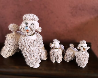 Vintage Spaghetti Pink Poodle With 3 Baby Poodles Figurine 1950's