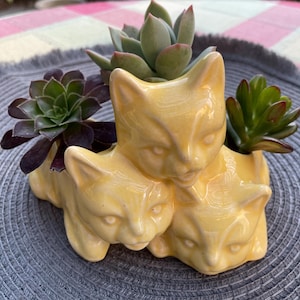 May include: A glossy yellow ceramic planter shaped like three stacked cat heads. The planter features three openings for plants, currently holding two green succulents and one dark purple succulent. The cat faces have pointed ears and molded features.