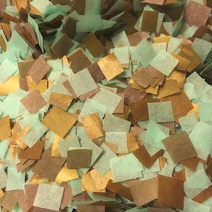 May include: A close-up of a pile of confetti. The confetti consists of small, square pieces in mint green, gold, and copper hues. The pieces are scattered and overlapping, creating a textured and festive appearance. Suitable for party decorations.
