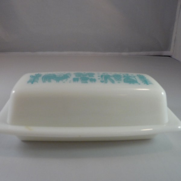 Vintage white milk glass 1950s butter dish turquoise and white Kitchen collectibles Mid Century