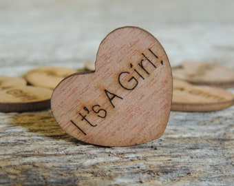 100 It's A Girl 1" Wood Hearts, Wood Confetti Engraved Burned Hearts- Baby Shower Decor- Table Decorations- Tiny Wooden Hearts