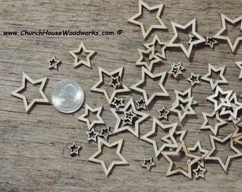 50 Small Hollow mix Laser Cut Wood Stars, Wooden Stars - Rustic Decor- Flag Making Wooden Stars-  DIY Craft Supplies Shapes