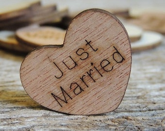 100 Just Married 1" Wood Hearts, Wood Confetti Engraved Love Hearts- Rustic Wedding Decor- Table Decorations- Small Table Confetti