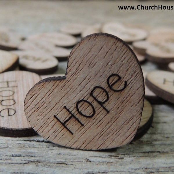 100 Hope 1" Wood Hearts, Wood Confetti Engraved Love Hearts- Rustic Wedding Decor- Table Decorations- Small Wooden Hearts